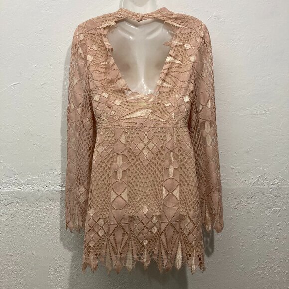 Free People Deco Lace Mini Dress Fairycore Bell Sleeve Ivory Combo Lined Size 4 - Picture 2 of 12